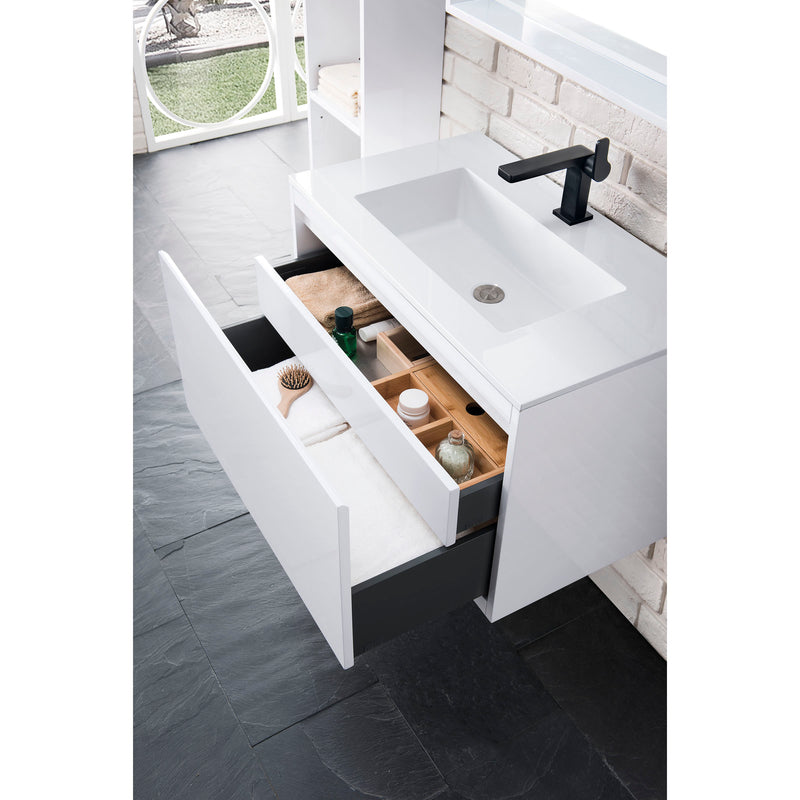 James Martin Milan 31.5" Single Vanity Cabinet Glossy White with Glossy White Composite Top 801V31.5GWGW