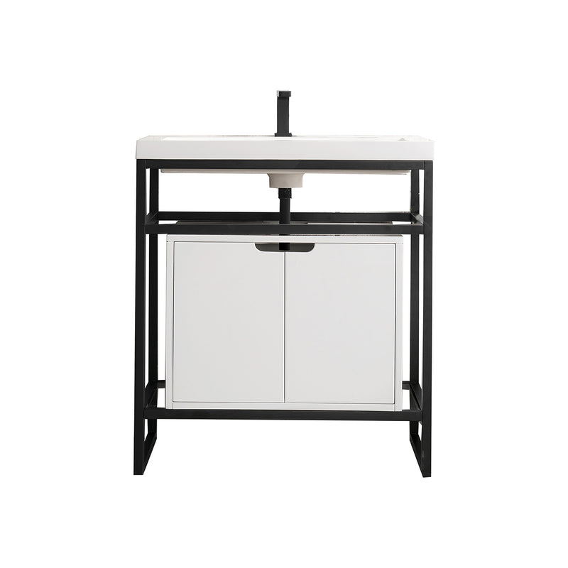 James Martin Boston 31.5" Stainless Steel Sink Console Matte Black with Glossy White Storage Cabinet White Glossy Composite Countertop C105V31.5MBKSCGWWG