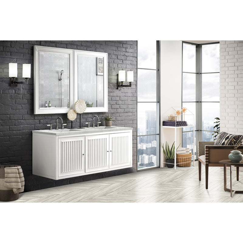 James Martin Athens 60" Double Vanity Cabinet Glossy White with 3 cm Eternal Jasmine Pearl Quartz Top E645-V60D-GW-3EJP