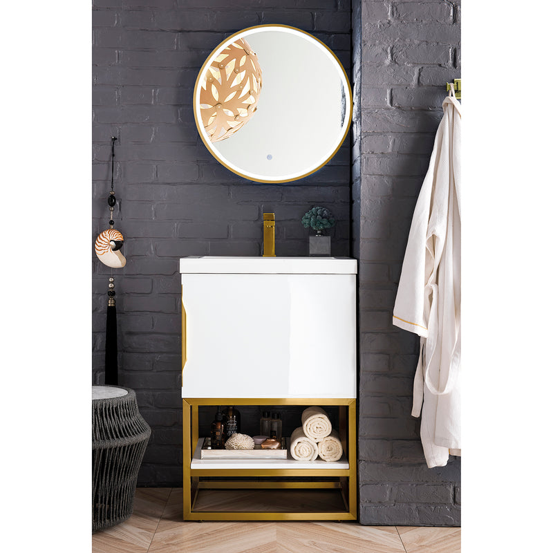 James Martin Columbia 24" Single Vanity Cabinet Glossy White Radiant Gold with White Glossy Composite Countertop 388V24GWRGDWG