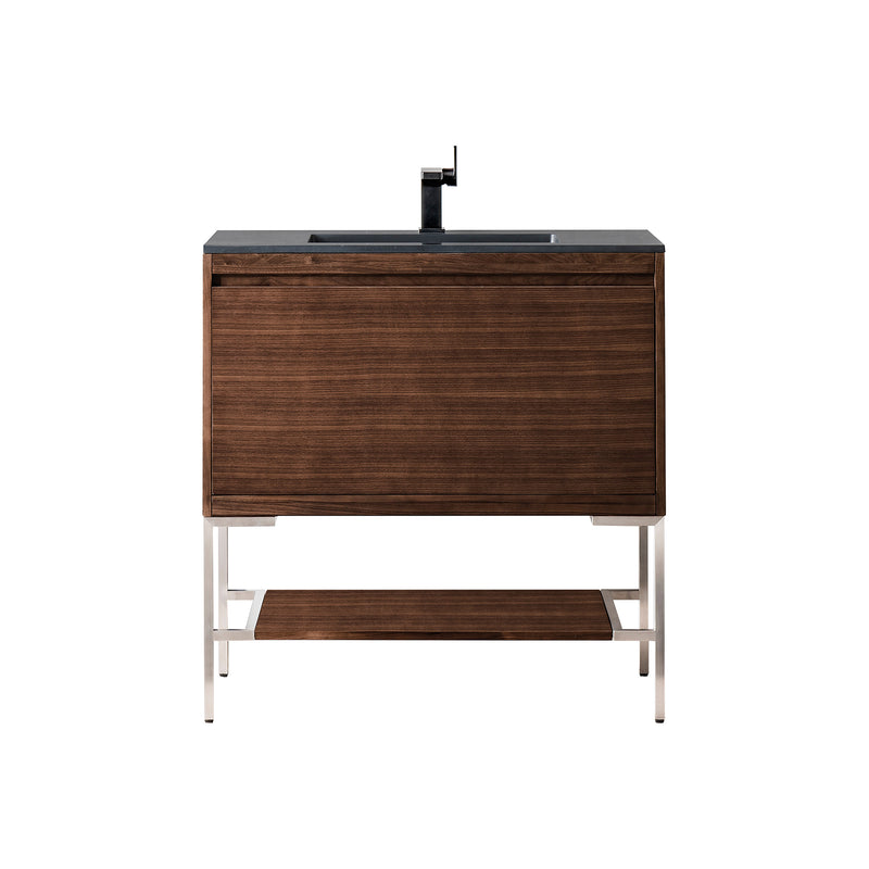 James Martin Milan 35.4" Single Vanity Cabinet Mid Century Walnut Brushed Nickel with Charcoal Black Composite Top 801V35.4WLTBNKCHB