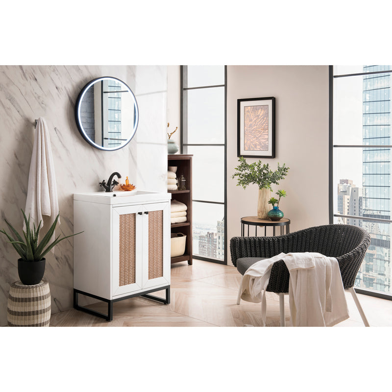 James Martin Chianti 24" Single Vanity Cabinet Glossy White Matte Black with White Glossy Resin Countertop E303-V24-GW-MBK-WG