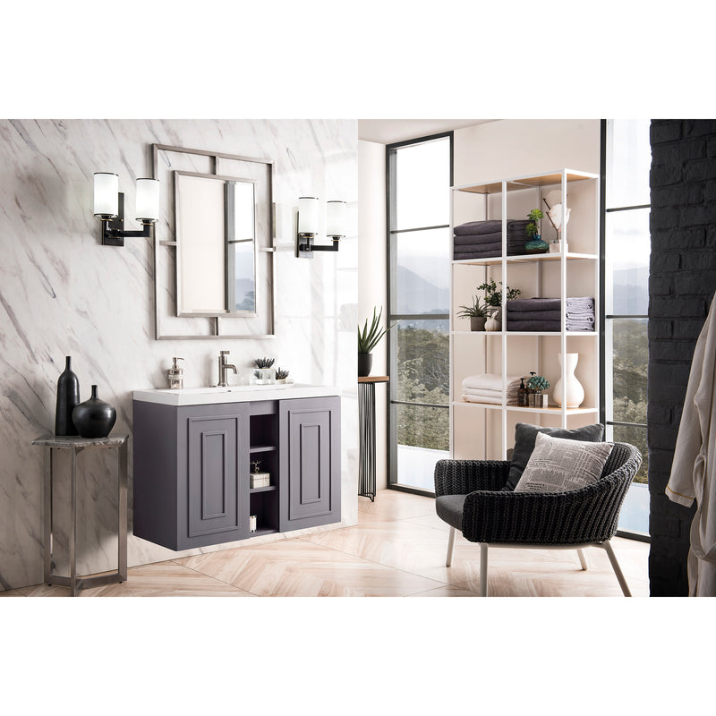 James Martin Alicante' 39.5" Single Vanity Cabinet Gray Smoke with White Glossy Resin Countertop E110-V39.5-GSM-WG