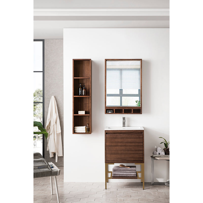 James Martin Milan 23.6" Single Vanity Cabinet Mid Century Walnut Radiant Gold with Glossy White Composite Top 801V23.6WLTRGDGW