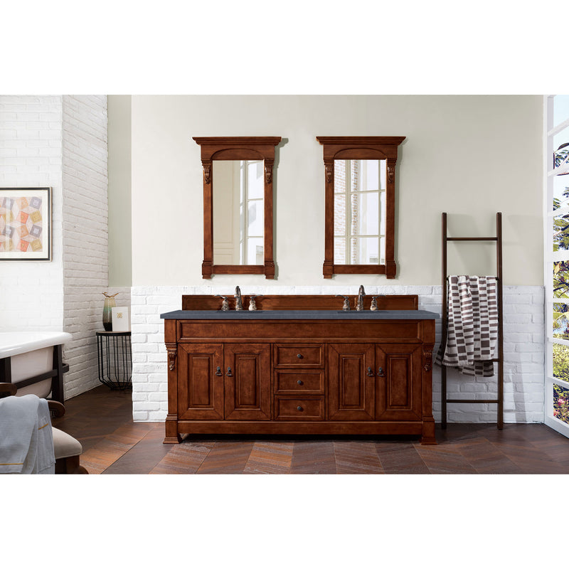 James Martin Brookfield 72" Warm Cherry Double Vanity with 3 cm Charcoal Soapstone Quartz Top 147-114-5781-3CSP