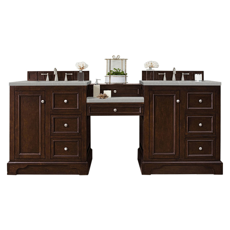 James Martin De Soto 82" Double Vanity Set Burnished Mahogany with Makeup Table 3 cm Eternal Serena Quartz Top 825-V82-BNM-DU-ESR