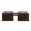 James Martin De Soto 118" Double Vanity Set Burnished Mahogany with Makeup Table 3 cm Eternal Serena Quartz Top 825-V118-BNM-DU-ESR