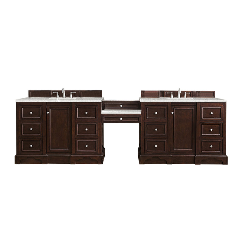 James Martin De Soto 118" Double Vanity Set Burnished Mahogany with Makeup Table 3 cm Eternal Serena Quartz Top 825-V118-BNM-DU-ESR