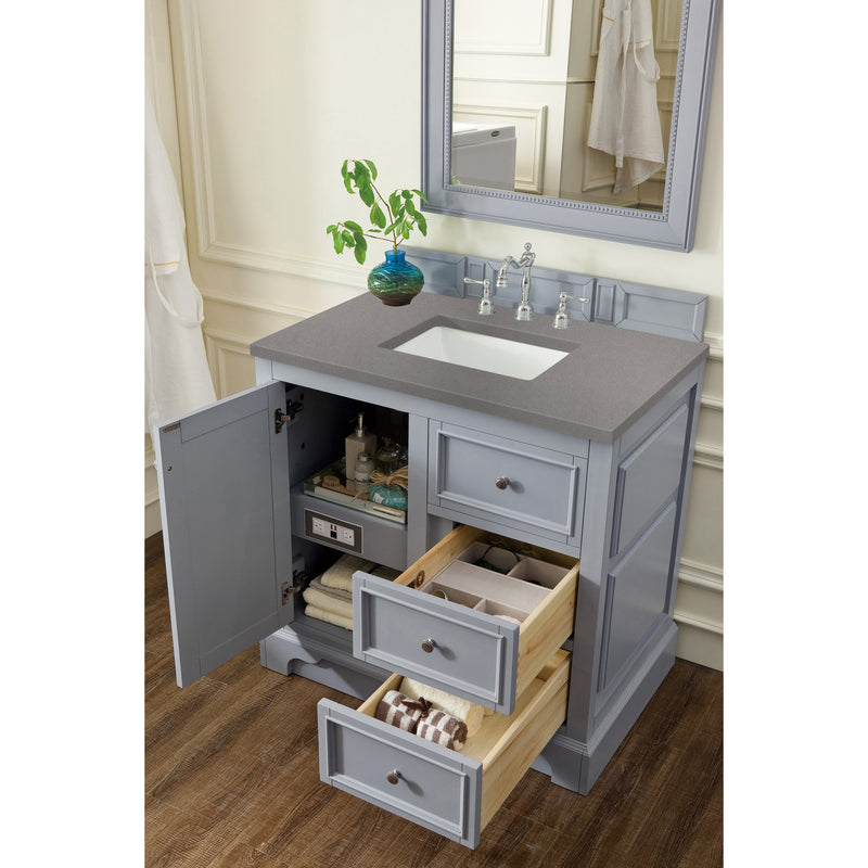 James Martin De Soto 36" Single Vanity Silver Gray with 3 cm Gray Expo Quartz Top 825-V36-SL-3GEX