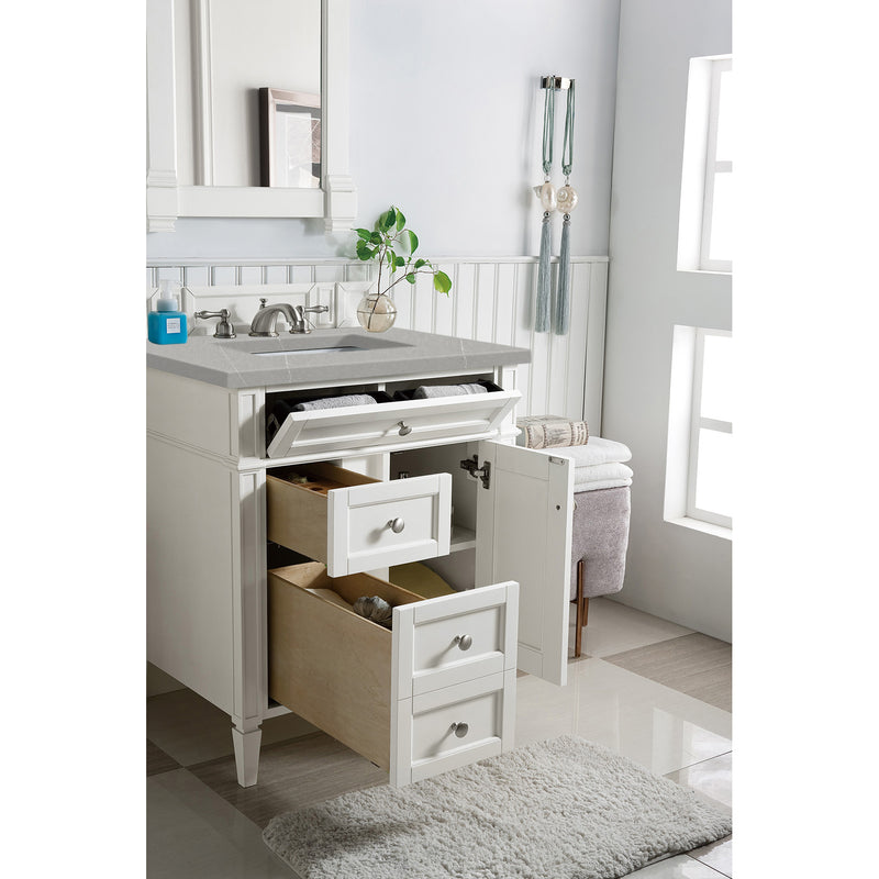 James Martin Brittany 30" Single Vanity Bright White with 3 cm Eternal Serena Quartz Top 650-V30-BW-3ESR