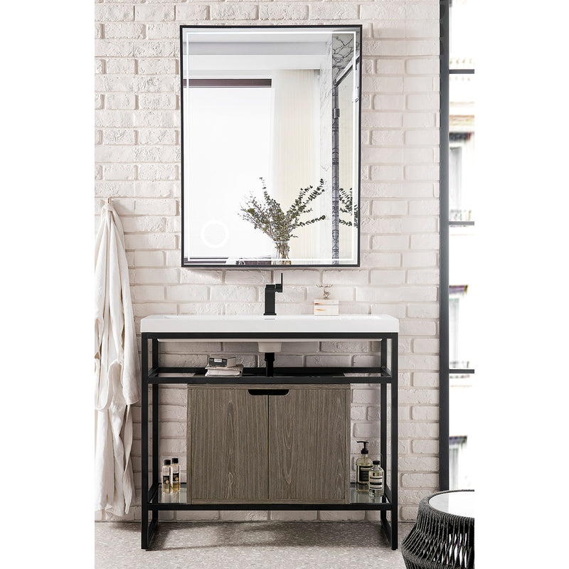 James Martin Boston 39.5" Stainless Steel Sink Console Matte Black with Ash Gray Storage Cabinet White Glossy Composite Countertop C105V39.5MBKSCAGRWG