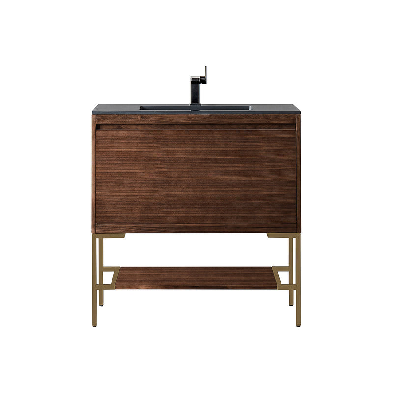 James Martin Milan 35.4" Single Vanity Cabinet Mid Century Walnut Radiant Gold with Charcoal Black Composite Top 801V35.4WLTRGDCHB