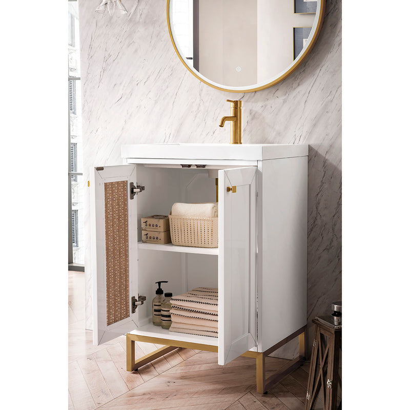 James Martin Chianti 24" Single Vanity Cabinet Glossy White Radiant Gold with White Glossy Composite Countertop E303V24GWRGDWG