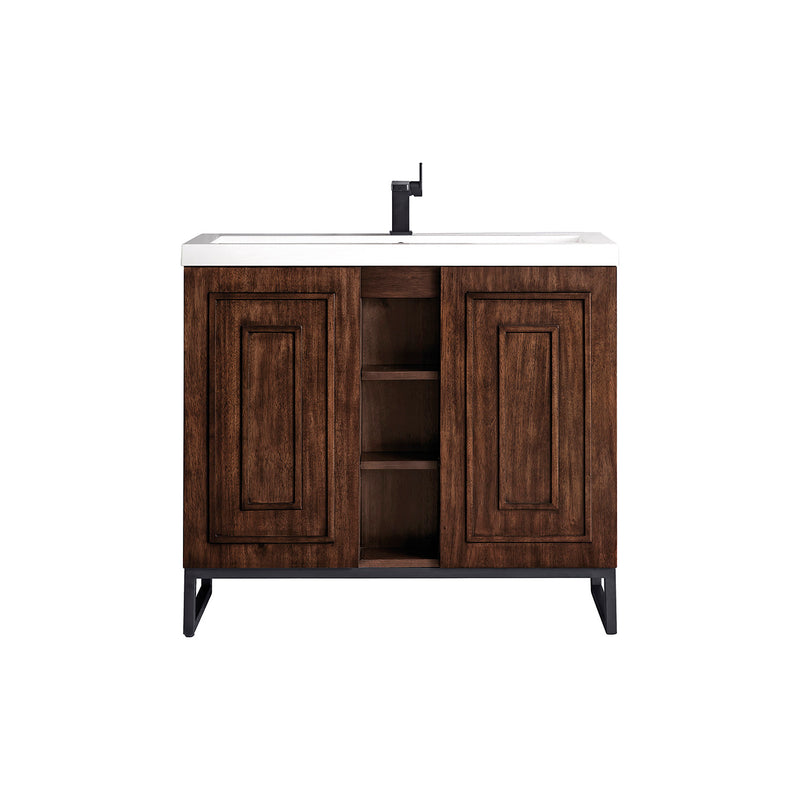 James Martin Alicante' 39.5" Single Vanity Cabinet Mid Century Acacia Matte Black with White Glossy Composite Countertop E110V39.5MCAMBKWG