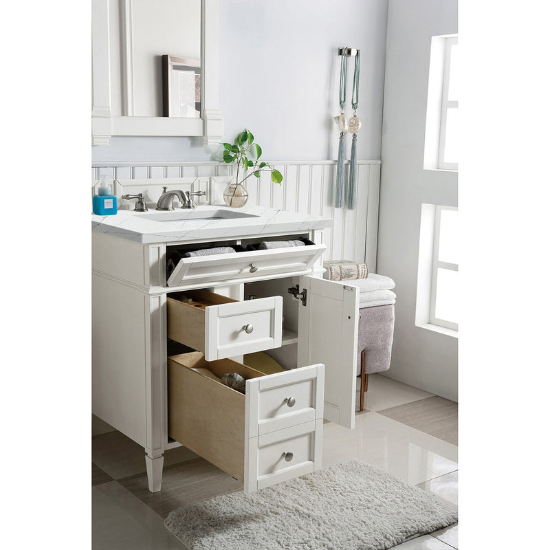 James Martin Brittany 30" Single Vanity Bright White with 3 cm Ethereal Noctis Quartz Top 650-V30-BW-3ENC