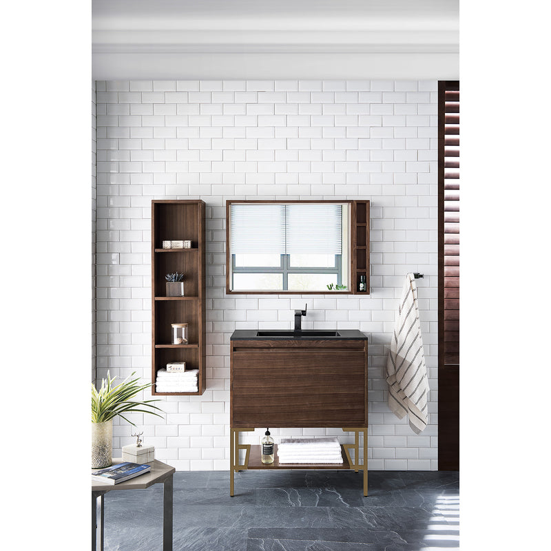 James Martin Milan 31.5" Single Vanity Cabinet Mid Century Walnut Radiant Gold with Charcoal Black Composite Top 801V31.5WLTRGDCHB