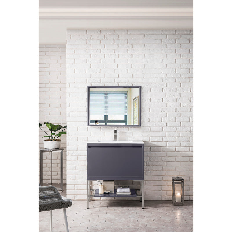 James Martin Milan 31.5" Single Vanity Cabinet Modern Gray Glossy Brushed Nickel with Glossy White Composite Top 801V31.5MGGBNKGW