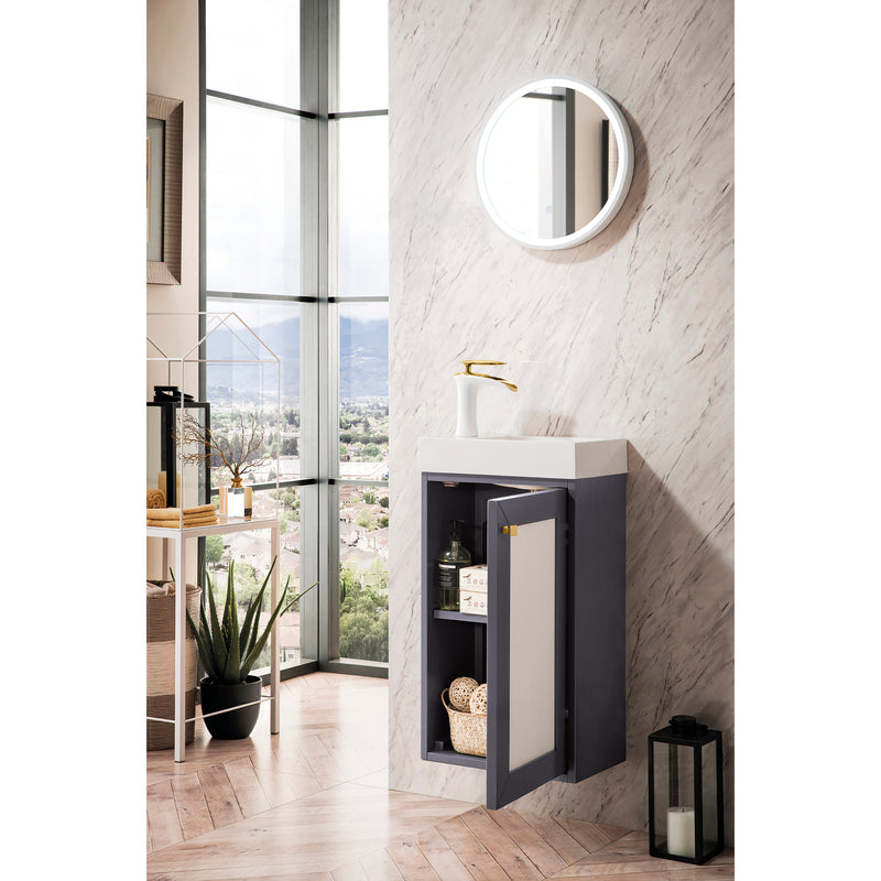 James Martin Chianti 16" Single Vanity Cabinet Mineral Gray with White Glossy Resin Countertop E303-V16-MG-WG