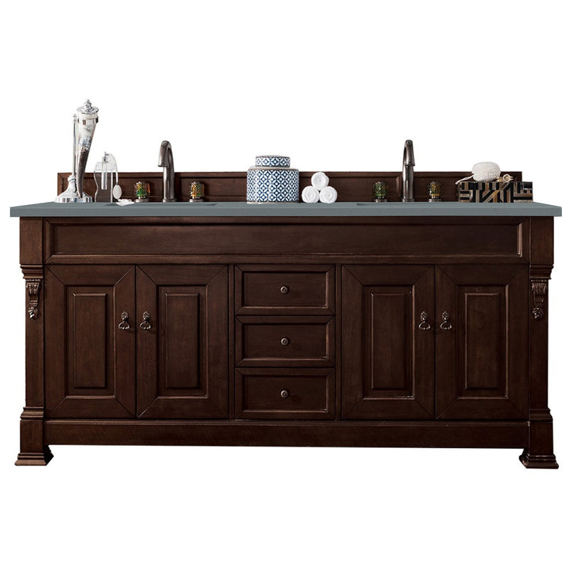 James Martin Brookfield 72" Burnished Mahogany Double Vanity with 3 cm Cala Blue Quartz Top 147-114-5761-3CBL