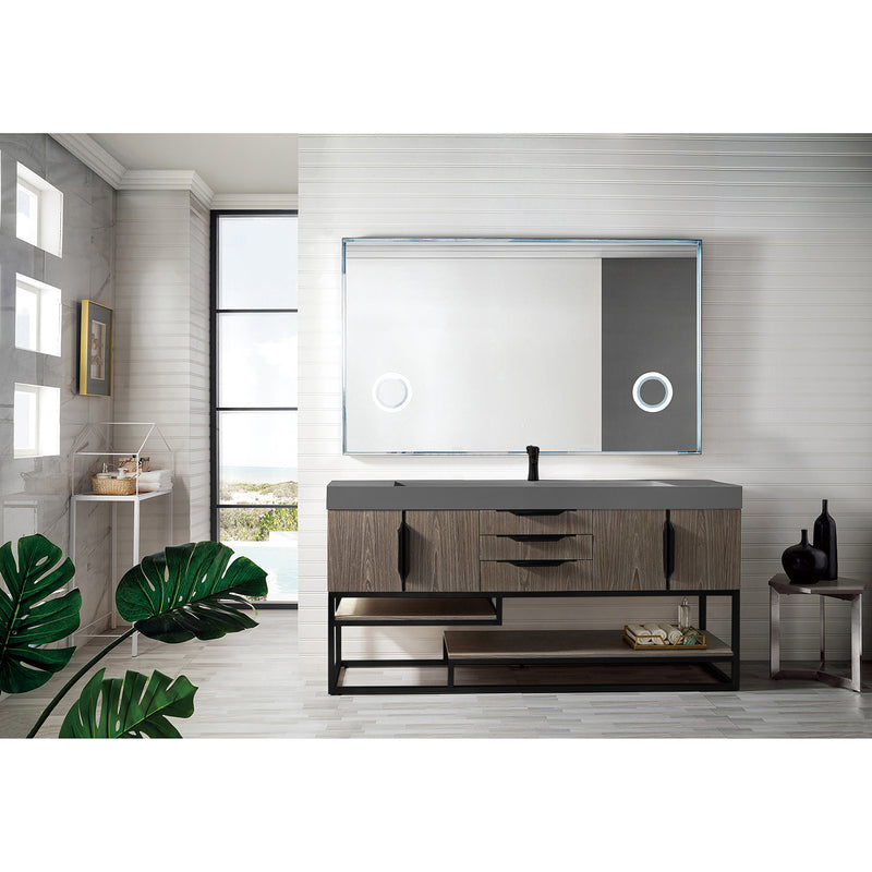 James Martin Columbia 72" Single Vanity Ash Gray Matte Black with Dusk Gray Glossy Composite Top 388-V72S-AGR-MB-DGG