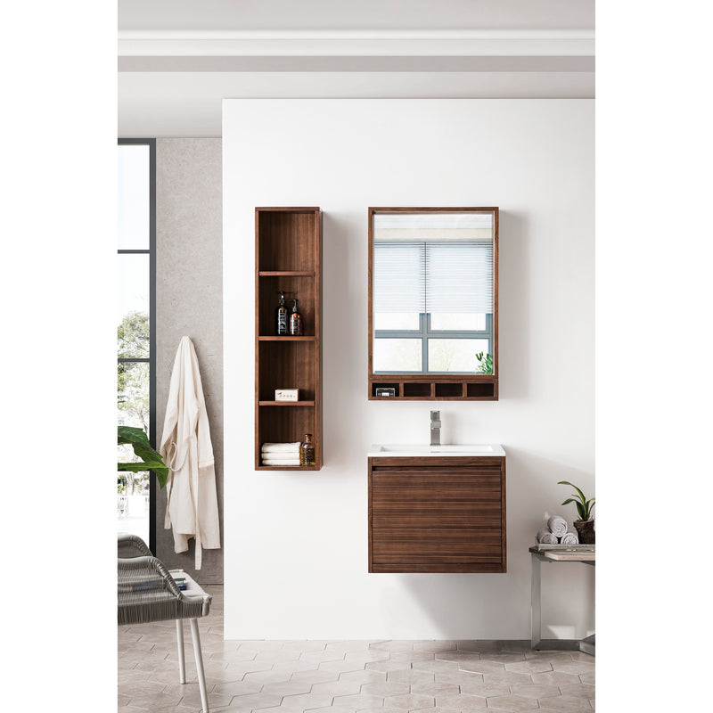 James Martin Milan 23.6" Single Vanity Cabinet Mid Century Walnut with Glossy White Composite Top 801V23.6WLTGW