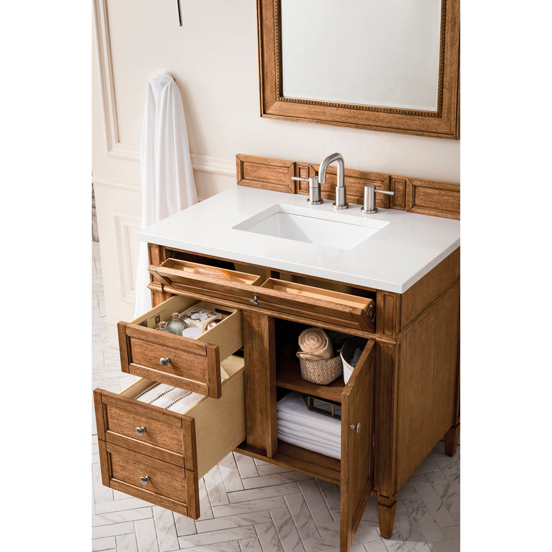 James Martin Brittany 36" Saddle Brown Single Vanity with 3 cm Classic White Quartz Top 650-V36-SBR-3CLW