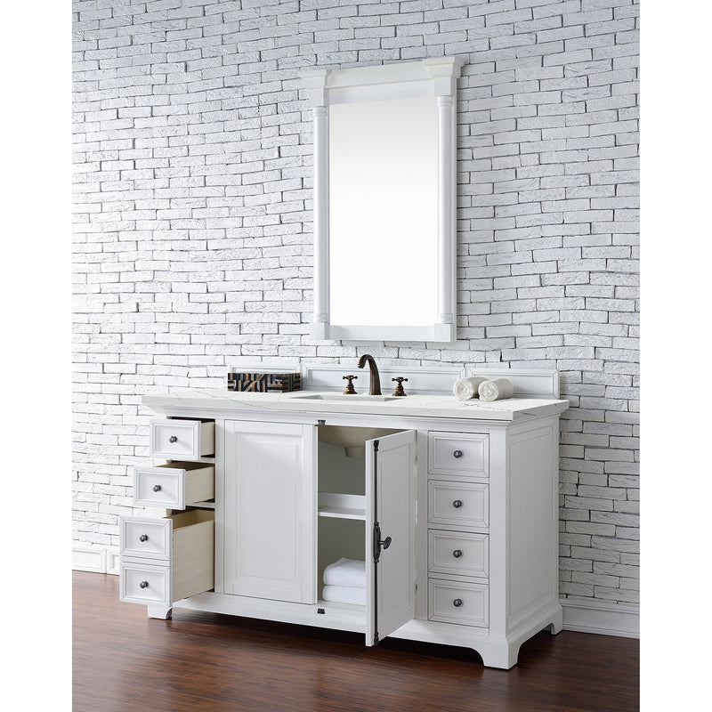 James Martin Providence 60" Single Vanity Cabinet Bright White with 3 cm Ethereal Noctis Quartz Top 238-105-V60S-BW-3ENC