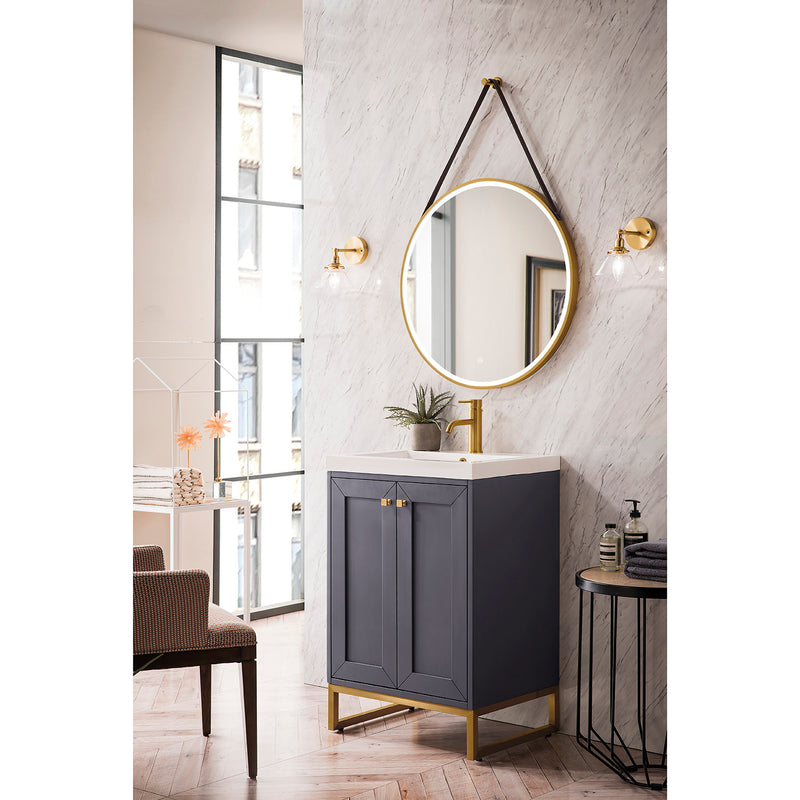James Martin Chianti 24" Single Vanity Cabinet Mineral Gray Radiant Gold with White Glossy Composite Countertop E303V24MGRGDWG