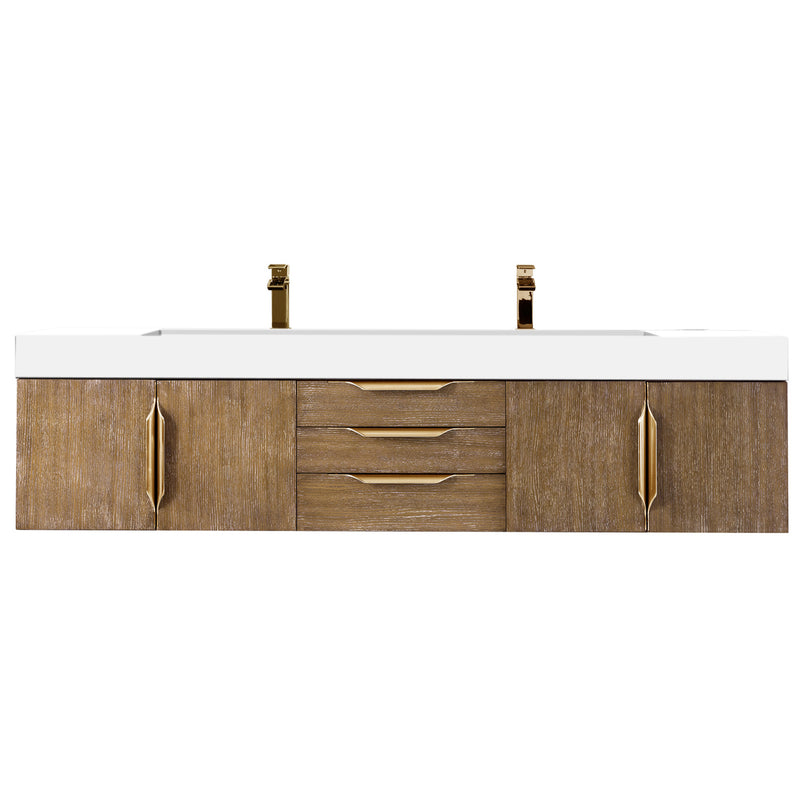 James Martin Mercer Island 72" Double Vanity Latte Oak Radiant Gold with Glossy White Composite Top 389-V72D-LTO-G-GW