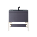 James Martin Milan 35.4" Single Vanity Cabinet Modern Gray Glossy Radiant Gold with Charcoal Black Composite Top 801V35.4MGGRGDCHB