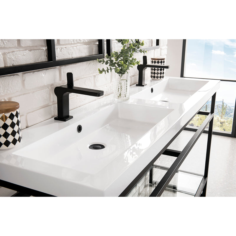 James Martin Boston 47" Stainless Steel Sink Console Double Basins Matte Black with White Glossy Composite Countertop C105V47MBKWG