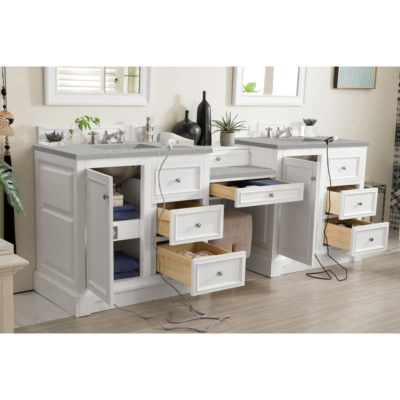 James Martin De Soto 94" Double Vanity Set Bright White with Makeup Table 3 cm Eternal Serena Quartz Top 825-V94-BW-DU-ESR