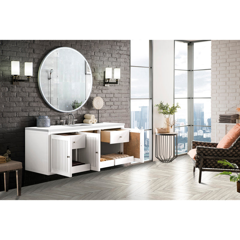 James Martin Athens 60" Single Vanity Cabinet Glossy White with 3 cm Classic White Quartz Top E645-V60S-GW-3CLW