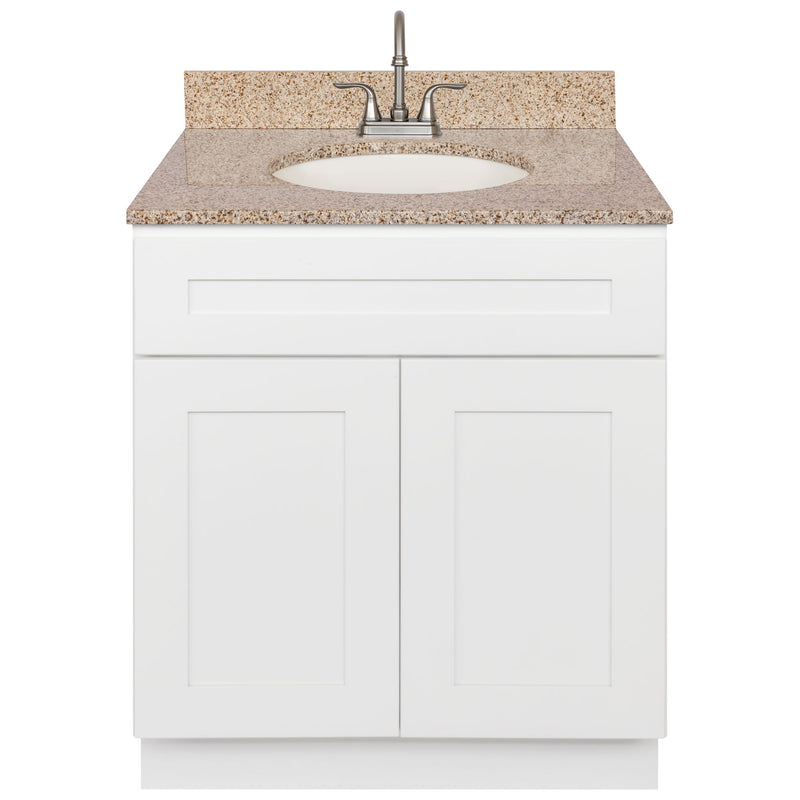 White Bathroom Vanity 30", Wheat Granite Top, Faucet LB6B WH314-30AW-6B