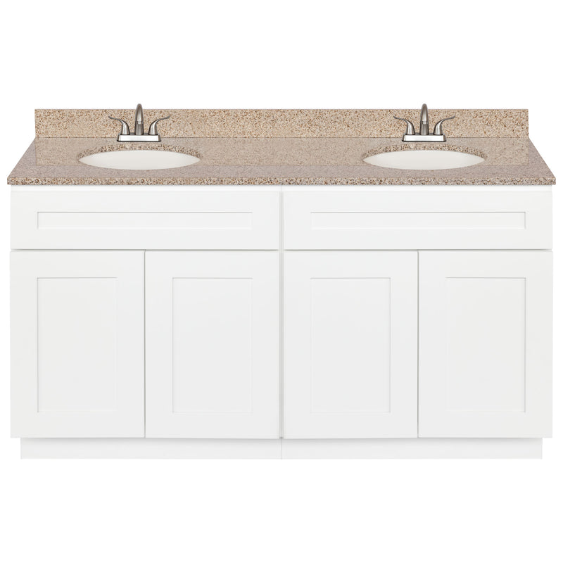 White Double Bathroom Vanity 60", Wheat Granite Top, Faucet LB5B WH614-60AW-5B