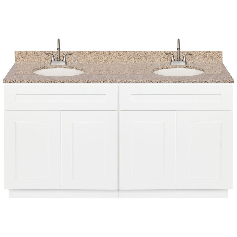 White Double Bathroom Vanity 60", Wheat Granite Top, Faucet LB6B WH614-60AW-6B