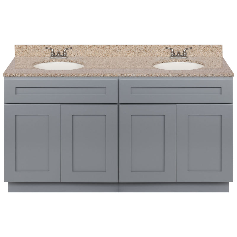 Cherry Double Bathroom Vanity 60", Wheat Granite Top, Faucet LB3B WH614-60CG-3B