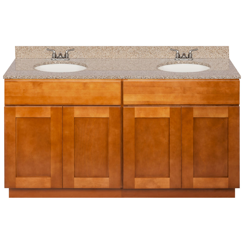 Brown Double Bathroom Vanity 60", Wheat Granite Top, Faucet LB3B WH614-60NP-3B