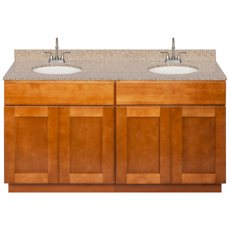 Brown Double Bathroom Vanity 60", Wheat Granite Top, Faucet LB6B WH614-60NP-6B