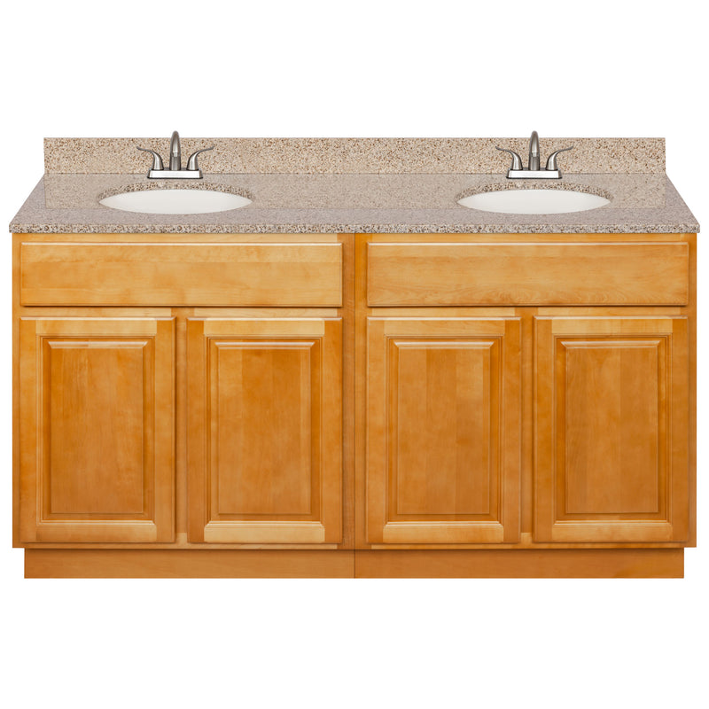 Brown Double Bathroom Vanity 60", Wheat Granite Top, Faucet LB5B WH614-60RC-5B
