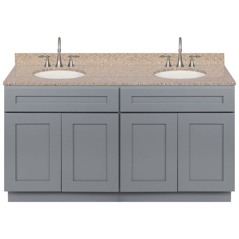 Cherry Double Bathroom Vanity 60", Wheat Granite Top, Faucet LB7B WH618-60CG-7B