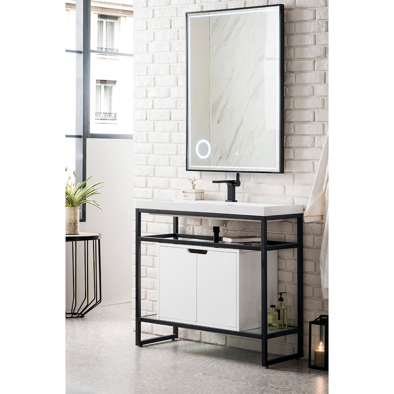 James Martin Boston 39.5" Stainless Steel Sink Console Matte Black with Glossy White Storage Cabinet White Glossy Composite Countertop C105V39.5MBKSCGWWG