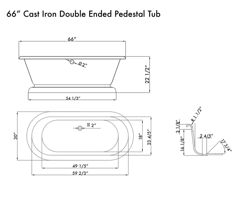 Cambridge Plumbing 66" Cast Iron Dual Ended Pedestal Bathtub No Drillings Package BN