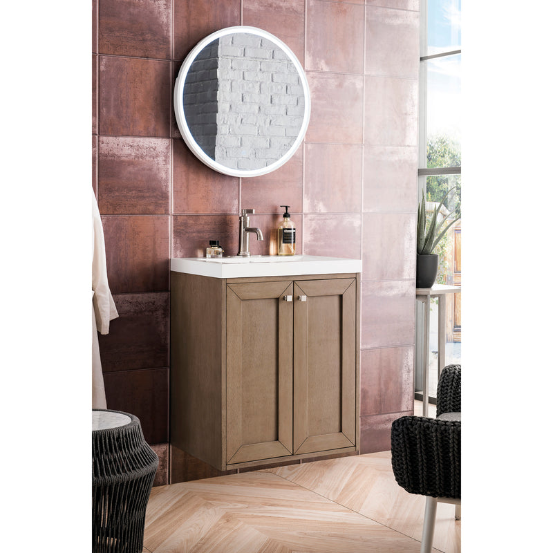 James Martin Chianti 24" Single Vanity Cabinet Whitewashed Walnut with White Glossy Resin Countertop E303-V24-WW-WG