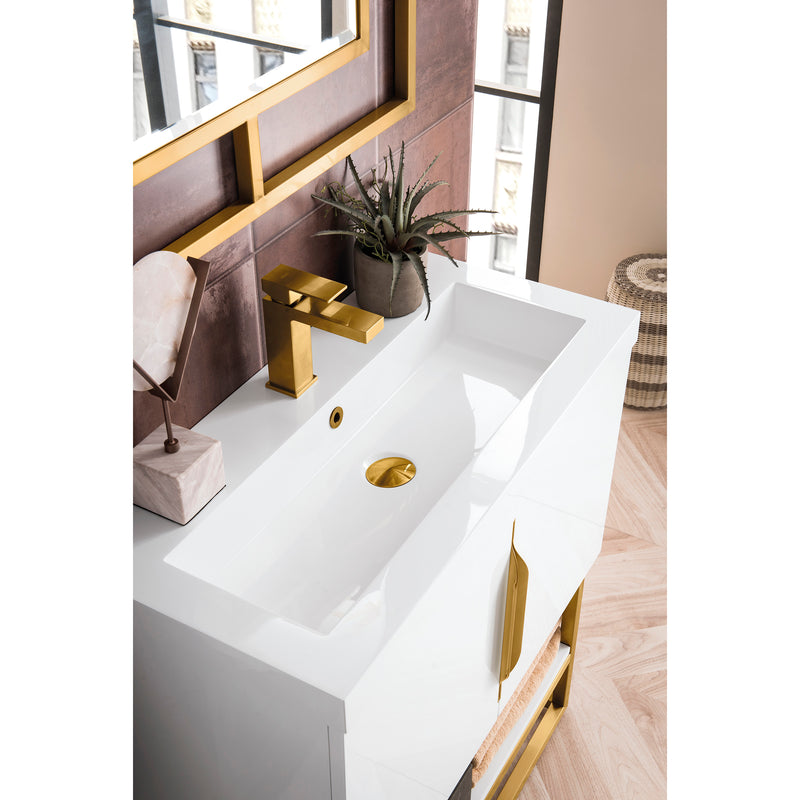 James Martin Columbia 31.5" Single Vanity Cabinet Glossy White Radiant Gold with White Glossy Resin Countertop 388-V31.5-GW-RGD-WG