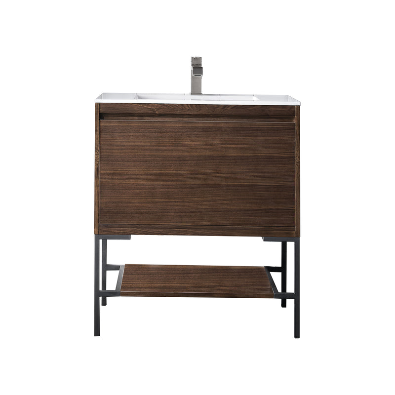 James Martin Milan 31.5" Single Vanity Cabinet Mid Century Walnut Matte Black with Glossy White Composite Top 801V31.5WLTMBKGW