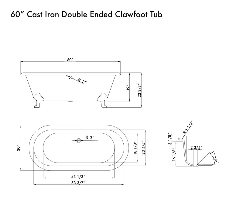 Cambridge Plumbing Cast Iron Double Ended Clawfoot Tub 60" x 30" No Faucet Drill BRZ Feet