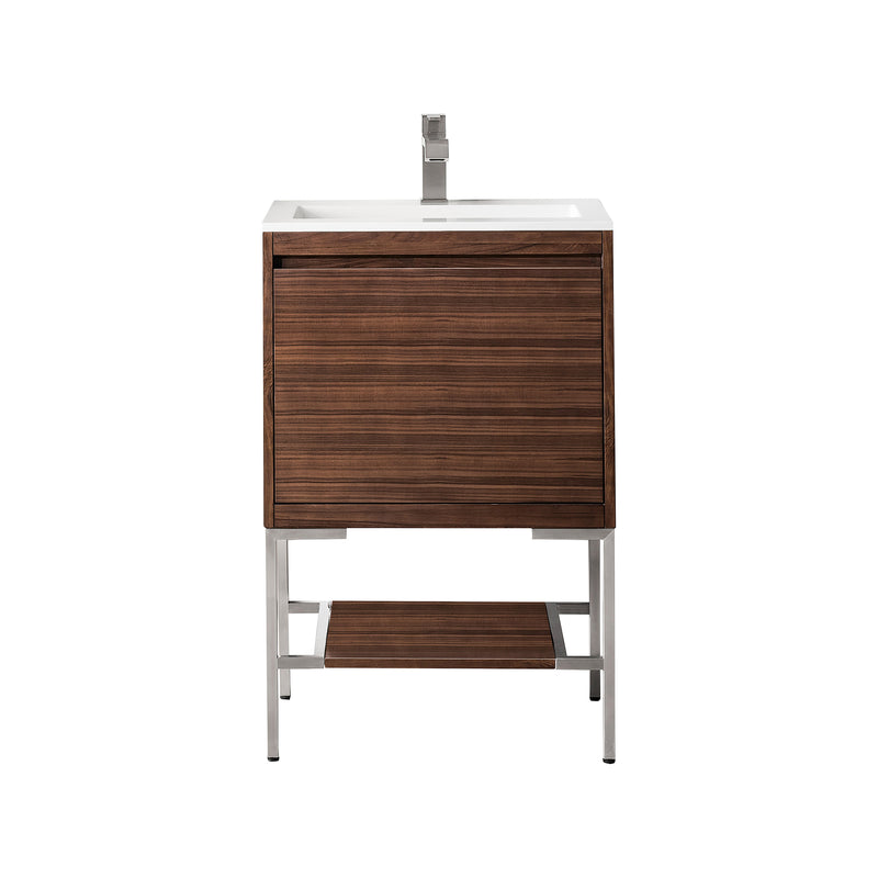 James Martin Milan 23.6" Single Vanity Cabinet Mid Century Walnut Brushed Nickel with Glossy White Composite Top 801V23.6WLTBNKGW