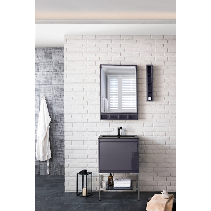 James Martin Milan 23.6" Single Vanity Cabinet Modern Gray Glossy Brushed Nickel with Charcoal Black Composite Top 801V23.6MGGBNKCHB