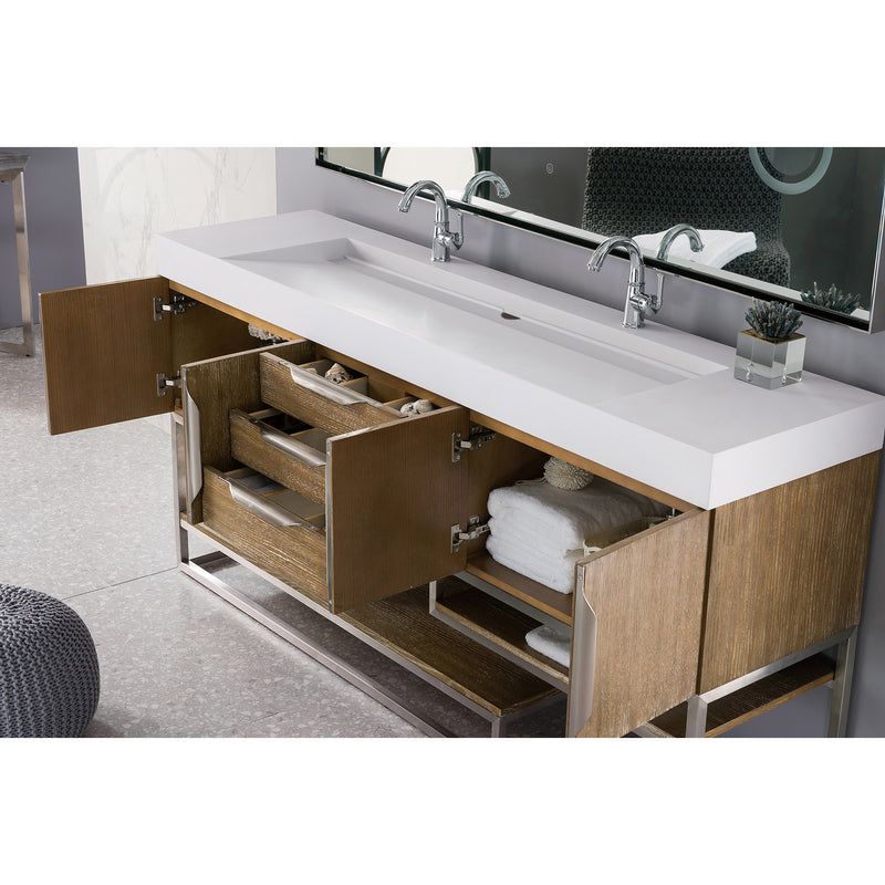 James Martin Columbia 72" Double Vanity Latte Oak with Glossy White Composite Top 388-V72D-LTO-BN-GW